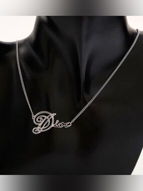 DIOR Cursive Amour Logo Silver Tone Necklace with Box & Dust Bag 16 in + 2in ext